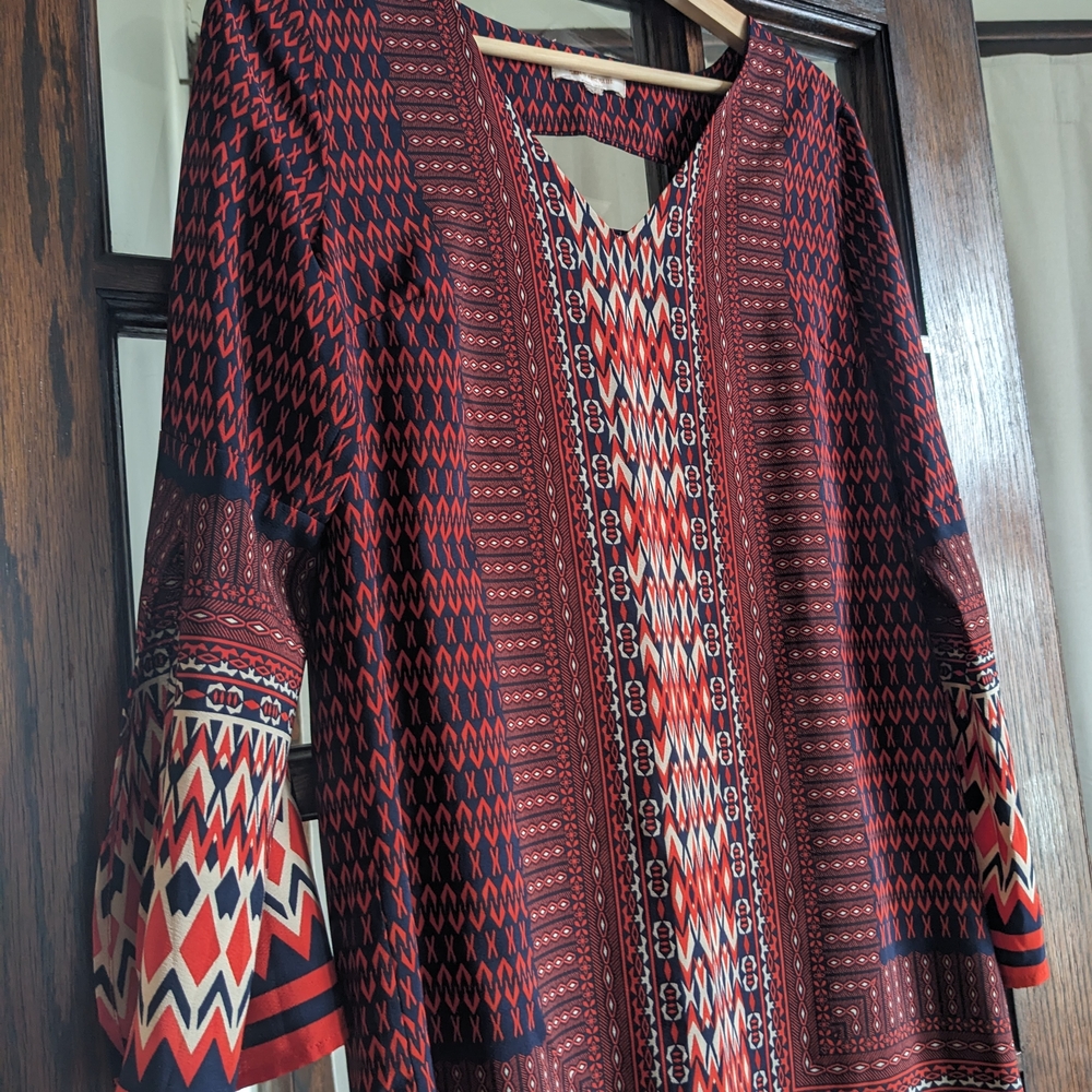 Skies Are Blue Red and Navy Geometric V-Neck Tunic